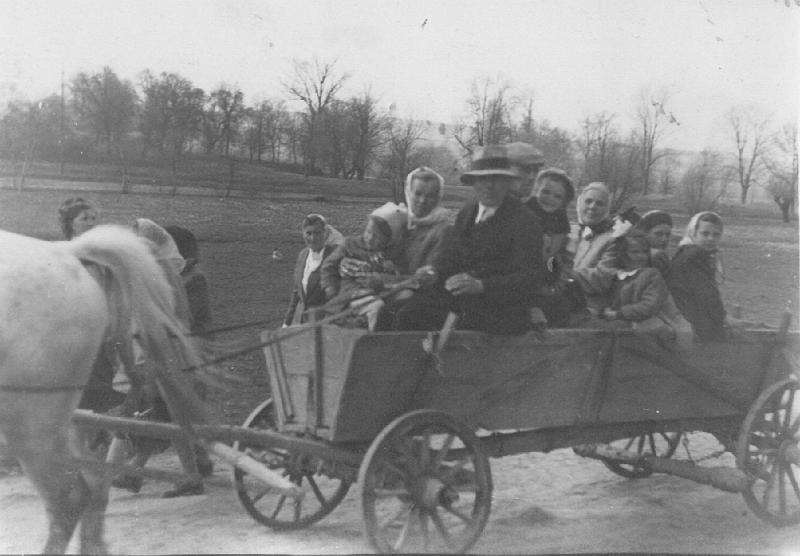 1960-10.jpg - W drodze do kościoła w Kobylanach. Rodzina Wierdaków i "przygodni" pasażerowie